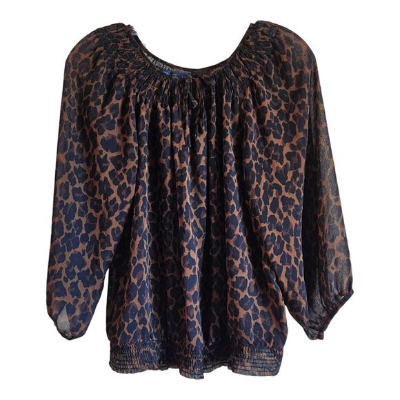 Zara Tops - ZARA Women S Blouse Top Leopard Print Brown Black Smocked Elastic 3/4 Sleeve 38"